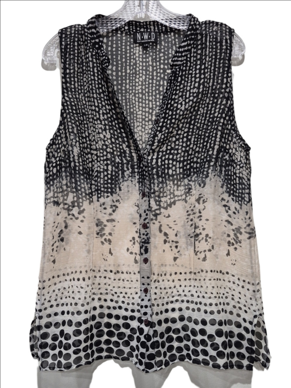 N·W·D Black Cream Ombre Polka Dot Chiffob Sleeveless Button Up Top Size L